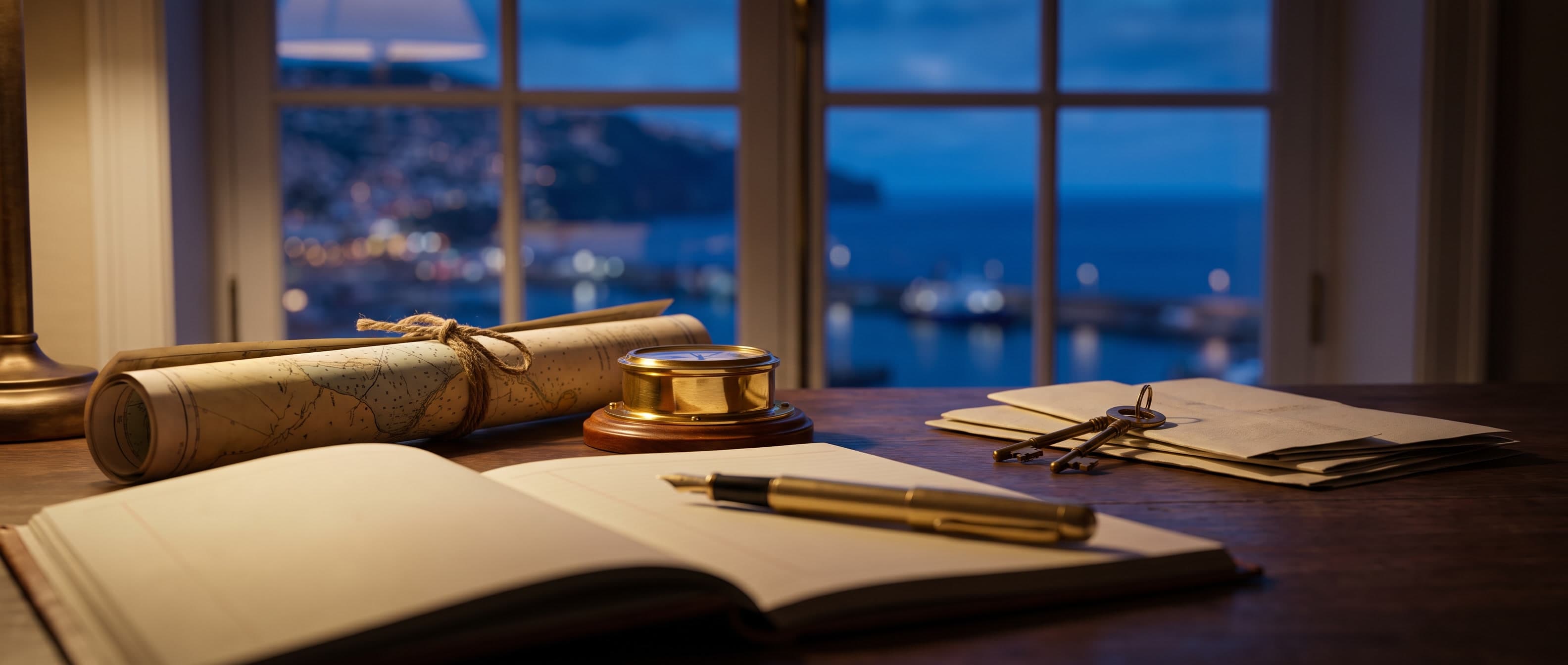 An open logbook, nautical chart and house keys on the desk, Funchal harbour at dusk beyond the window