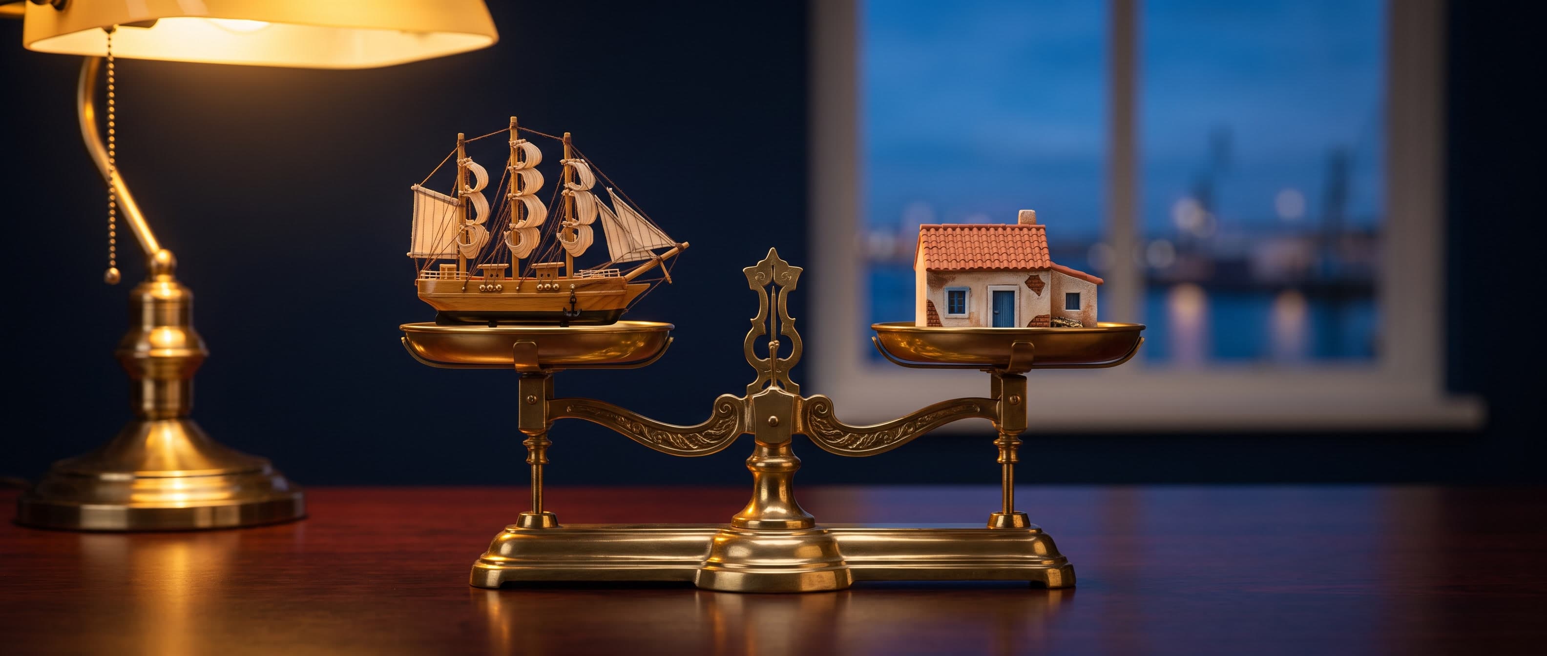 A brass balance scale holding a ship on one pan and a terracotta-roofed house on the other, in perfect equilibrium