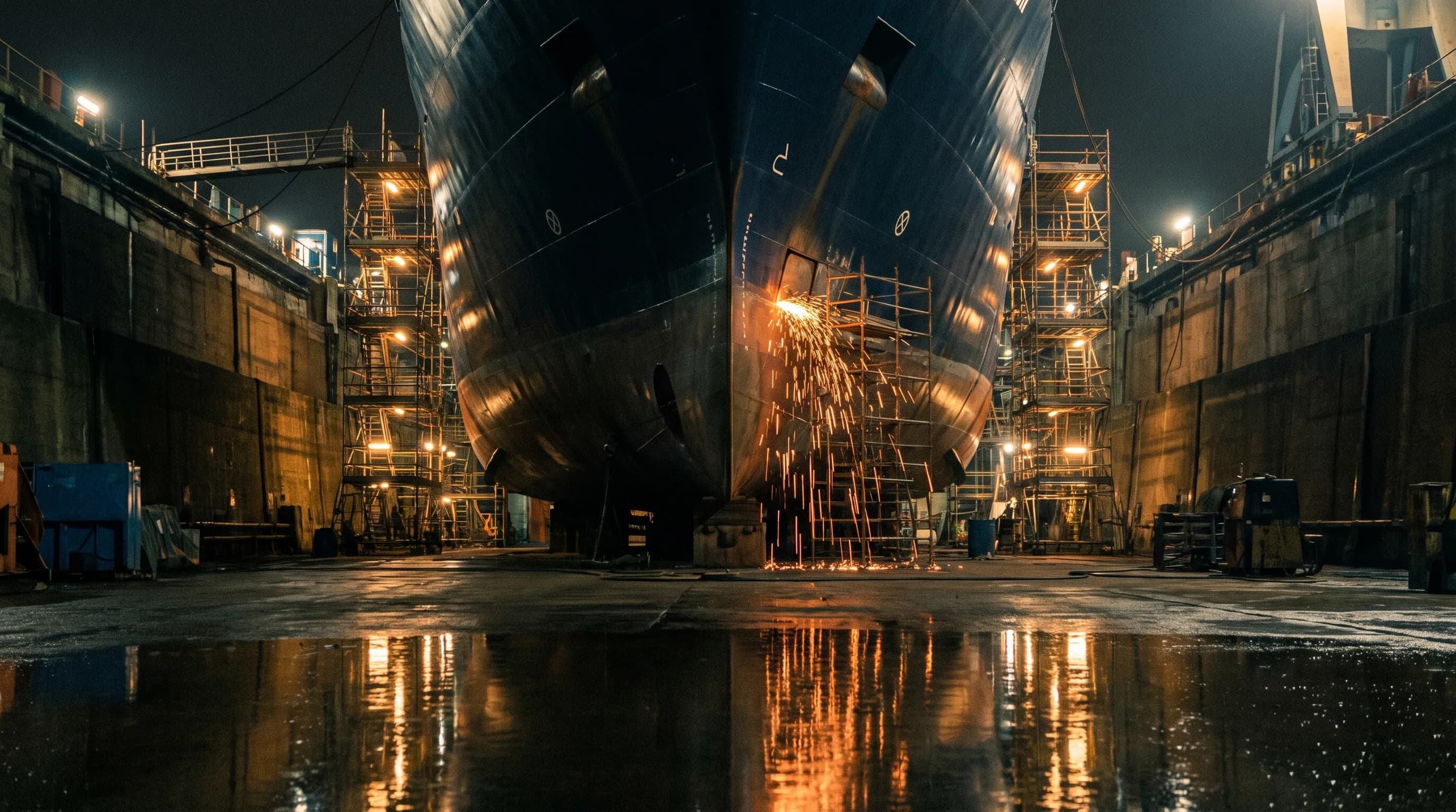 A proa de um navio iluminada na hora dourada, vista de uma lancha